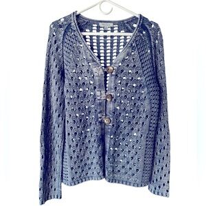PBJ Blues Open Weave Knit Denim Look Cardigan Sweater Women’s Size S